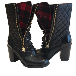 Guess Black Leather Quilted Pattern Lace Up 4" Heel Boots with Gold Tone Zipper